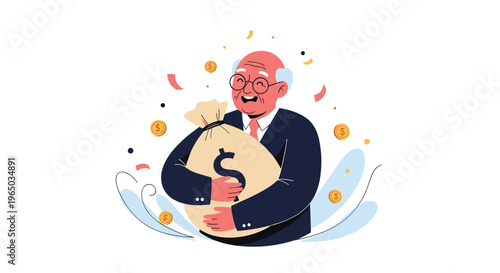 Happy senior man wearing a suit and glasses holding a large bag of money with a dollar sign while gold coins fall around him.