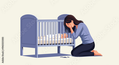 Heartbroken young woman kneeling beside a baby crib crying and mourning a loss in a somber and emotional room setting.