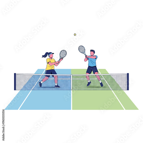 Tennis Match: Male and Female Players Competing on Court