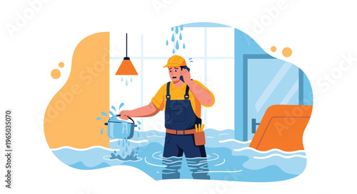 Worried plumber wearing a yellow hard hat and overalls standing in a flooded room while calling for assistance on a smartphone.