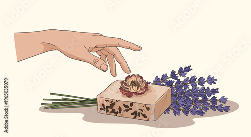 Human hand reaching towards a natural bar of handmade soap decorated with a flower and a bunch of lavender on a plain background.