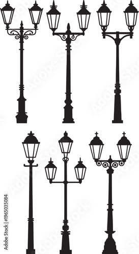 Vintage old street lamps vector illustration in city style