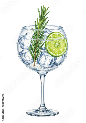 Watercolor illustration of a refreshing gin and tonic cocktail with condensation, ice, rosemary, and lime in a balloon glass. Concept for beverage advertising