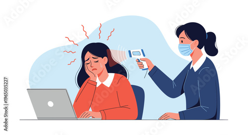 Concerned woman sitting at a laptop while another person in a mask checks her temperature with a non-contact infrared thermometer.