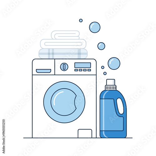 Modern Washing Machine with Detergent and Stacked Towels, Laundry Concept