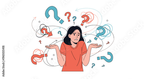 Confused young woman in an orange shirt shrugging her shoulders with many colorful question marks and messy lines around her head.