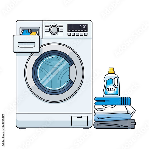 Modern Washing Machine with Laundry Detergent and Clean Clothes Stack