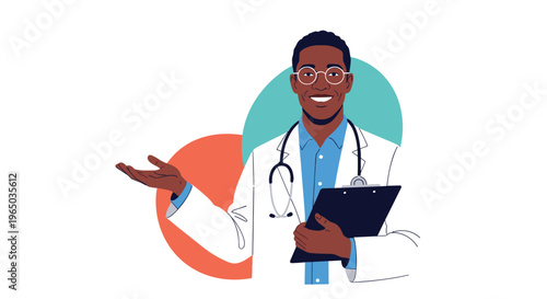 Friendly African American male doctor in a white lab coat and blue shirt holding a clipboard and gesturing with his hand.