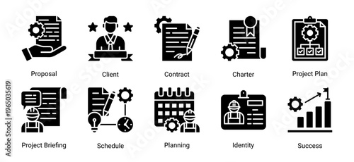Construction project planning icon set featuring proposal,contract,scheduling,and business strategy.Ideal for planning,management,and workflow concepts.