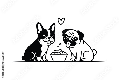 Black and white french bulldog and pug sharing food bowl with hearts above black dog white dog