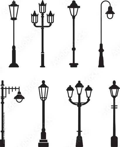 Set of vintage street lamp vector icons and silhouettes