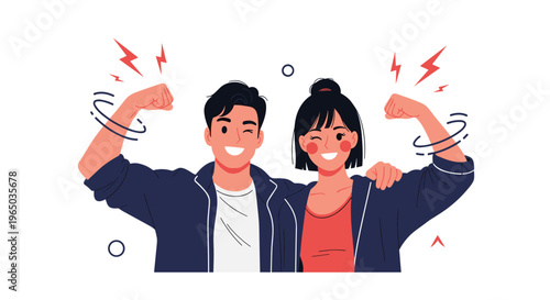 Happy young man and woman standing together and showing their arm muscles to represent health fitness and physical strength.