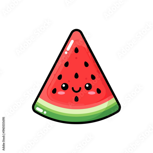 A cute and happy cartoon slice of watermelon with a smiling face and black seeds, featuring a vibrant red flesh and green rind, isolated on a white background.