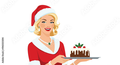 Beautiful blonde woman wearing a Santa hat and red dress holding a delicious traditional Christmas cake on a serving tray.