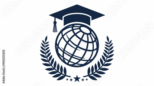 Graduation ceremony with globe and laurel wreath award symbol
