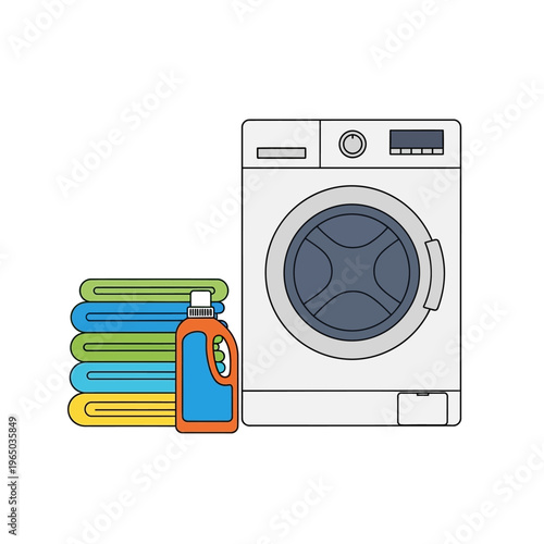 Modern Washing Machine, Detergent Bottle, and Stacked Towels - Laundry Concept