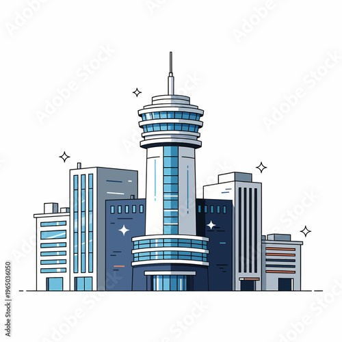 Modern cityscape with sleek skyscrapers and tower at sunset downtown area