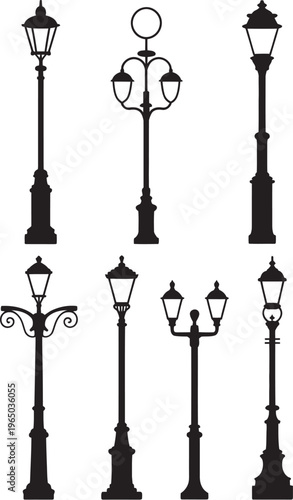 Set of vintage street lamp vector silhouettes with antique lantern design and classic street lighting elements