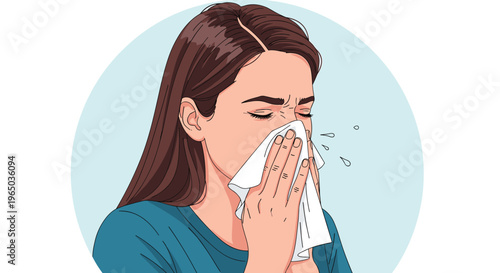 Young woman with brown hair sneezing into a white tissue while suffering from a cold or seasonal allergy symptoms.