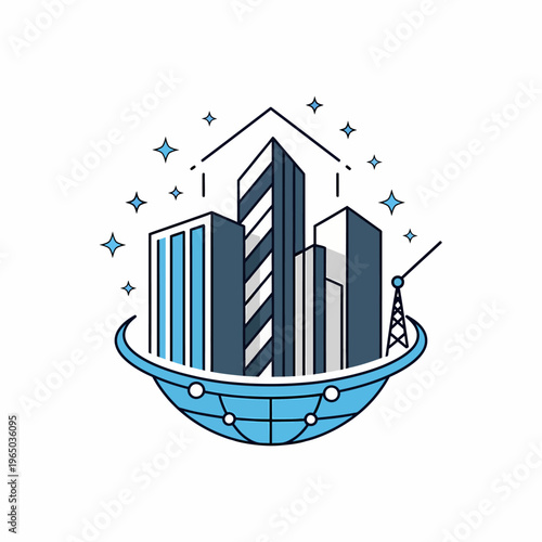 A futuristic cityscape emerges from a glowing blue globe with skyscrapers and a communication tower under a starry night sky.