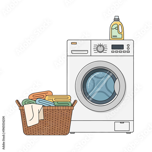 Washing Machine and Laundry Basket with Clean Towels and Detergent Bottle