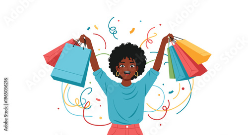 Joyful African American woman raising her arms while holding several colorful shopping bags as confetti falls around her in celebration.