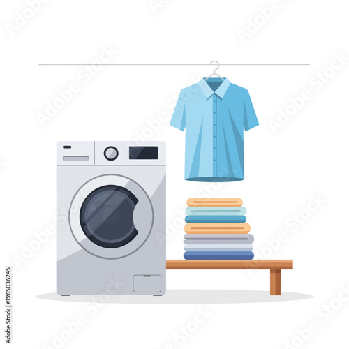Washing Machine and Stacked Clean Laundry on Shelf with Hanging Shirt