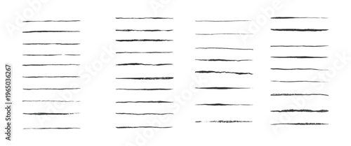 Set of rough hand drawn horizontal lines and strokes on white background.