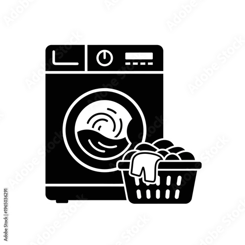 Washing machine icon with laundry basket full of clothes, clean laundry concept, vector illustration
