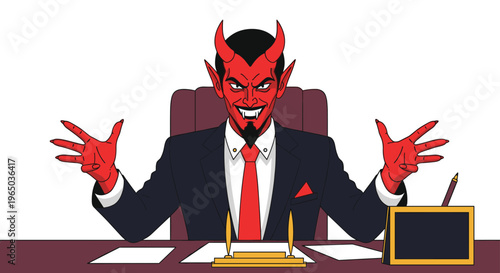 Red devil character wearing a formal business suit sitting behind an office desk with an evil grin and open hands in a workspace.