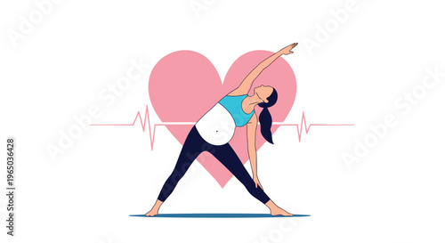 Fit pregnant woman practicing a yoga triangle pose in front of a large pink heart and an EKG heartbeat line for prenatal health.