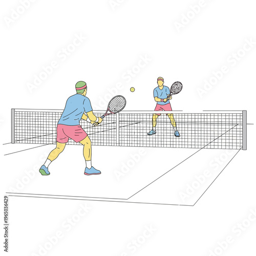 Two men playing tennis on court with net, active lifestyle and sport concept