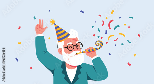 Cheerful senior man with a white beard wearing a striped party hat and blowing a colorful noisemaker amidst falling confetti.