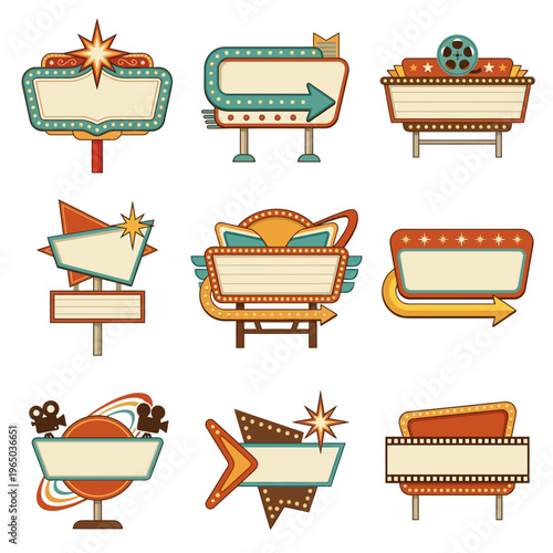 Retro illuminated vector signs for drive-in cinema, roadside; vintage marquees, arrows, stars, classic appeal.