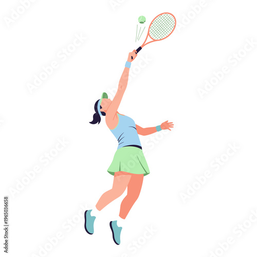 Woman playing tennis, jumping to hit ball with racket, active lifestyle
