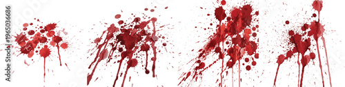 A collection of red paint or ink creates an abstract design in the form of a splatter, depicting the concept of blood drops, cruelty, horror, or a messy artistic background on a clean white surface.
