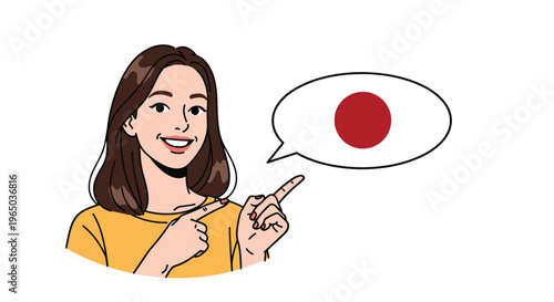 Smiling young woman pointing her fingers towards a speech bubble featuring the national flag of Japan for language learning concepts.