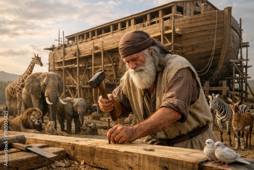 Noah building ark with animals gathered near wooden ship biblical flood story scene