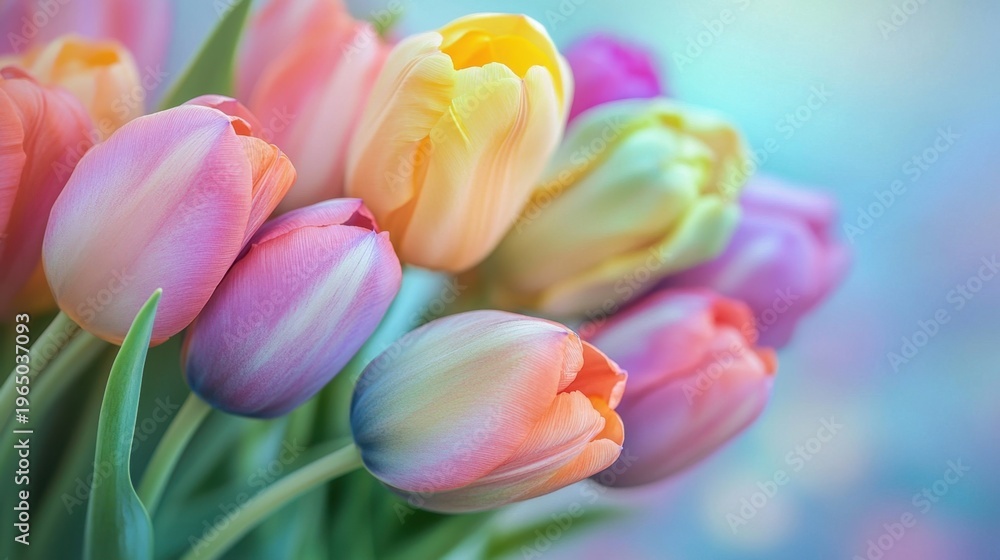 Fototapeta premium Soft pastel tulip bouquet close up with colorful petals in gentle spring light natural floral background