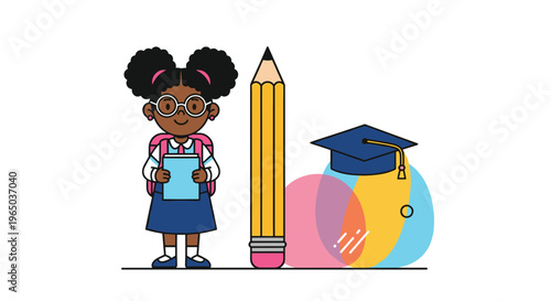 Young schoolgirl with glasses and a backpack standing next to a giant yellow pencil and a blue graduation cap for education concepts.