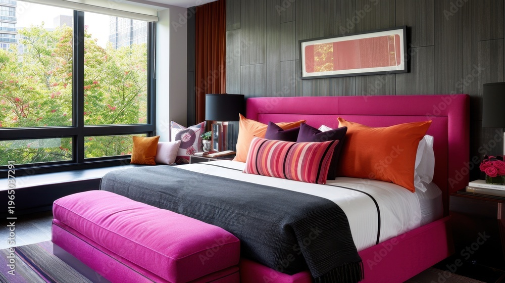 Fototapeta premium Modern and Stylish Bedroom Interior with Colorful Accents and Large Windows Overlooking Nature