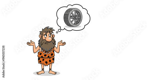 Confused caveman with a long beard and leopard skin clothing shrugging his shoulders while thinking about a stone wheel invention.