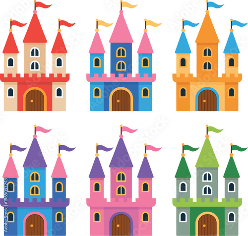 A colorful castle icon set with various cartoon styles and flags