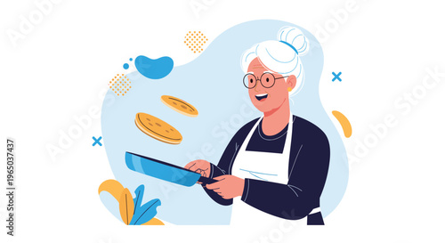 Cheerful senior woman with white hair wearing glasses and an apron while skillfully flipping pancakes in a blue frying pan at home.