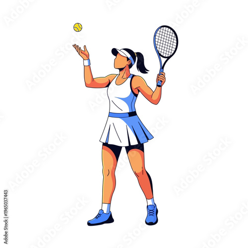 Woman Tennis Player Serving Ball with Racket, Athletic Sportswear, Action Pose