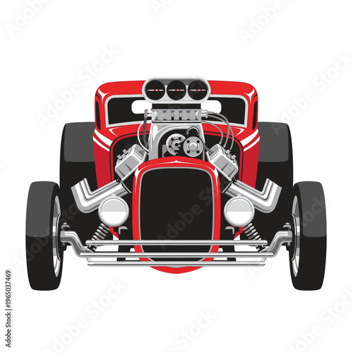 Vintage Red Hot Rod Car with Exposed Engine and Chrome Details, Front View