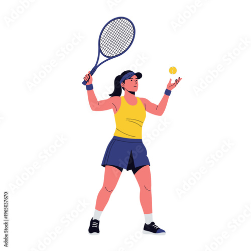 Woman tennis player serving ball, active sport, healthy lifestyle, flat design