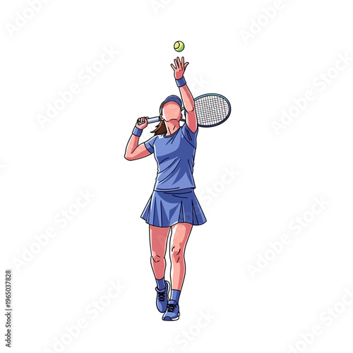 Woman tennis player serving on court, isolated on white background