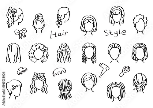 A diverse collection of women's hairstyles, haircuts, and hair accessories, Line Doodle Hand drawn Outline