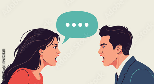 Angry man and woman in a heated argument yelling at each other with an empty speech bubble floating between them.